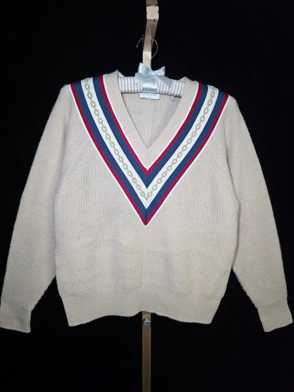 Sandro Paris Beige Applique Rib Knit V-Neck Sweater
